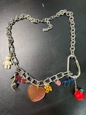 Coach Silver-Tone Charm Necklace with Red Apple and Pink Heart